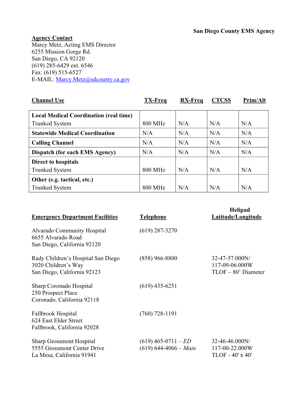 San Diego County EMS Agency Agency Contact Marcy Metz, Acting EMS Director 6255 Mission Gorge Rd