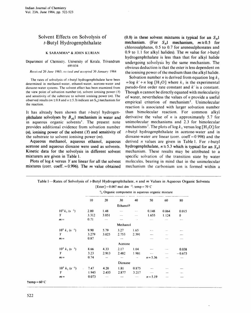 Solvent Effects on Solvolysis of R-Butyl Hydrogenphthalate