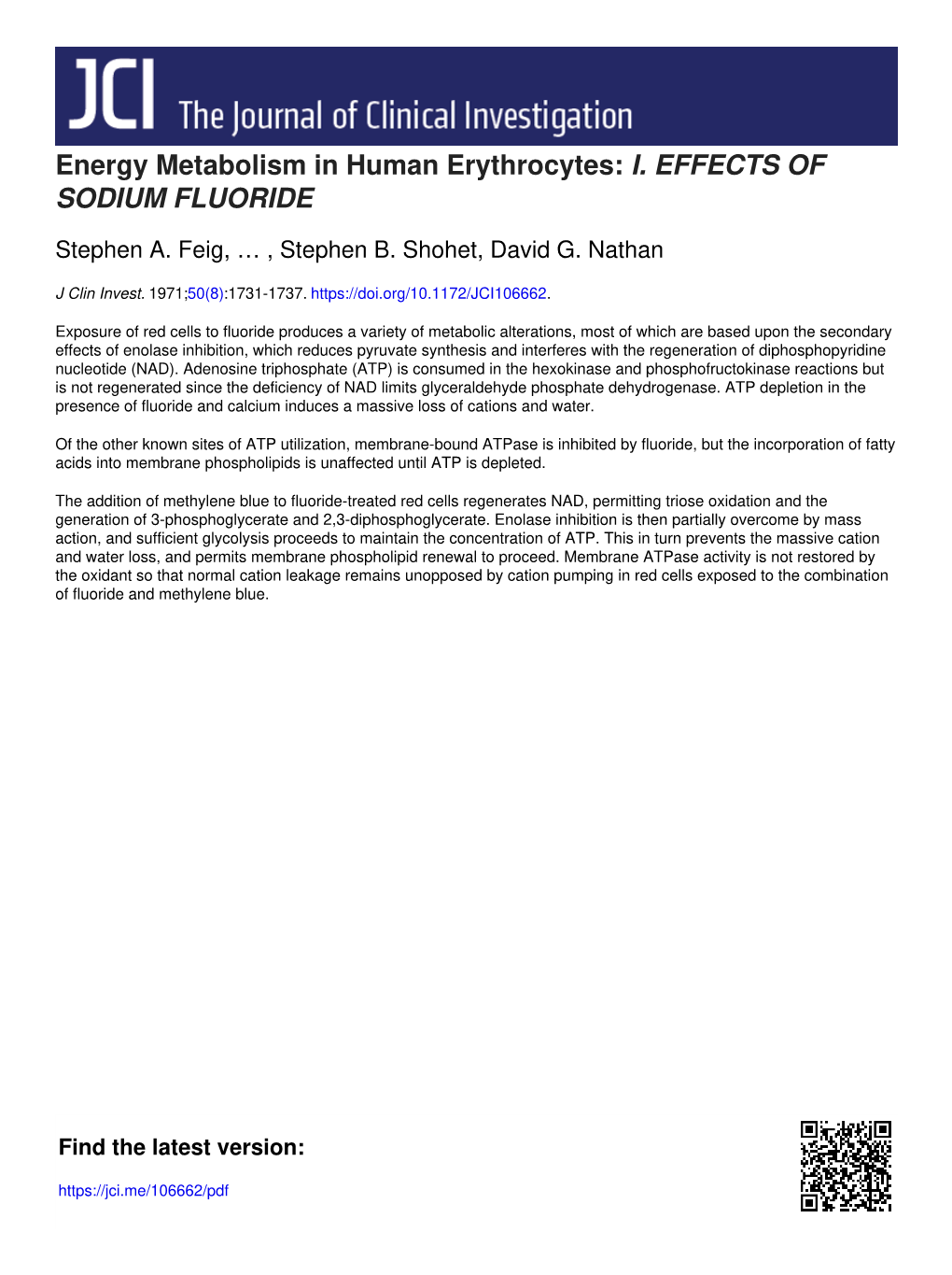 Energy Metabolism in Human Erythrocytes: I. EFFECTS of SODIUM FLUORIDE