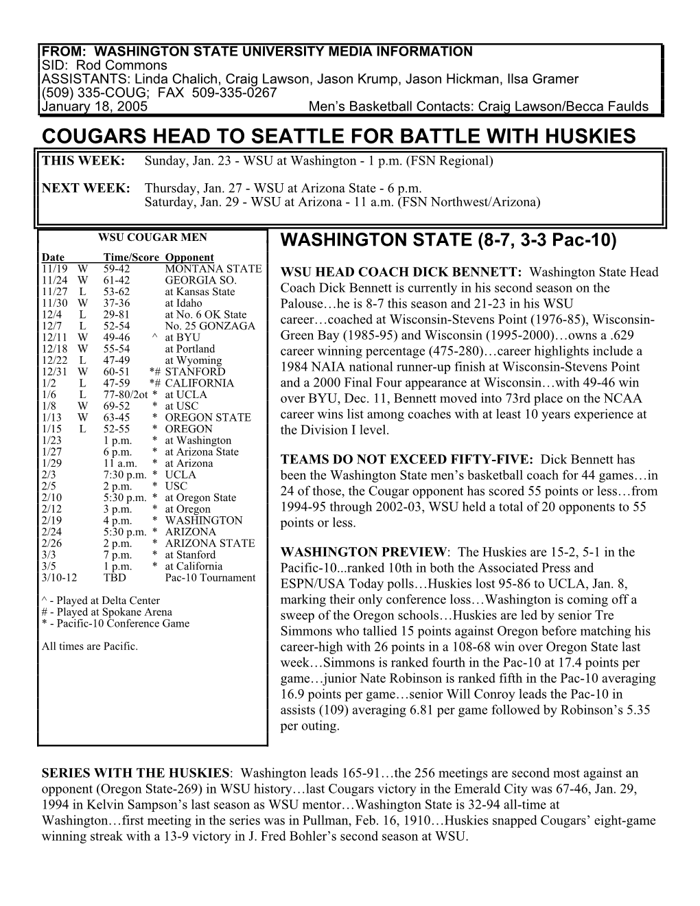 COUGARS HEAD to SEATTLE for BATTLE with HUSKIES THIS WEEK: Sunday, Jan
