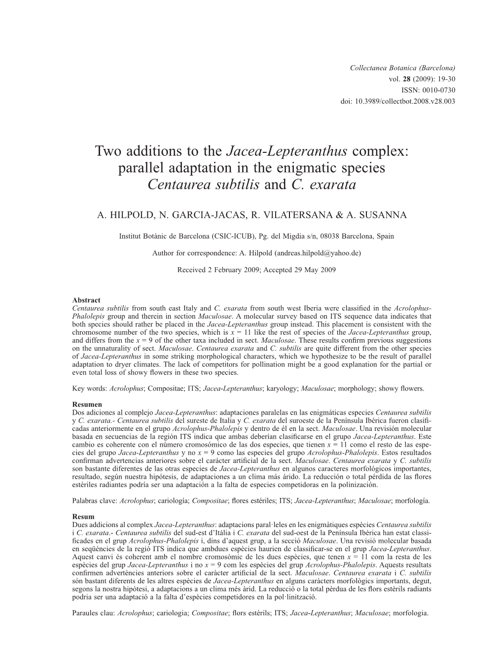 Jacea-Lepteranthus Complex: Parallel Adaptation in the Enigmatic Species Centaurea Subtilis and C