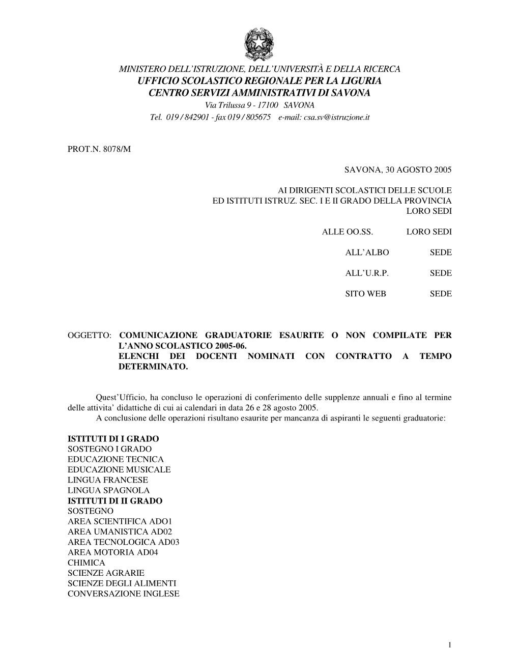 UFFICIO SCOLASTICO REGIONALE PER LA LIGURIA CENTRO SERVIZI AMMINISTRATIVI DI SAVONA Via Trilussa 9 - 17100 SAVONA Tel