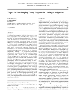 Torpor in Free-Ranging Tawny Frogmouths (Podargus Strigoides)