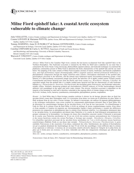 Milne Fiord Epishelf Lake: a Coastal Arctic Ecosystem Vulnerable to Climate Change1
