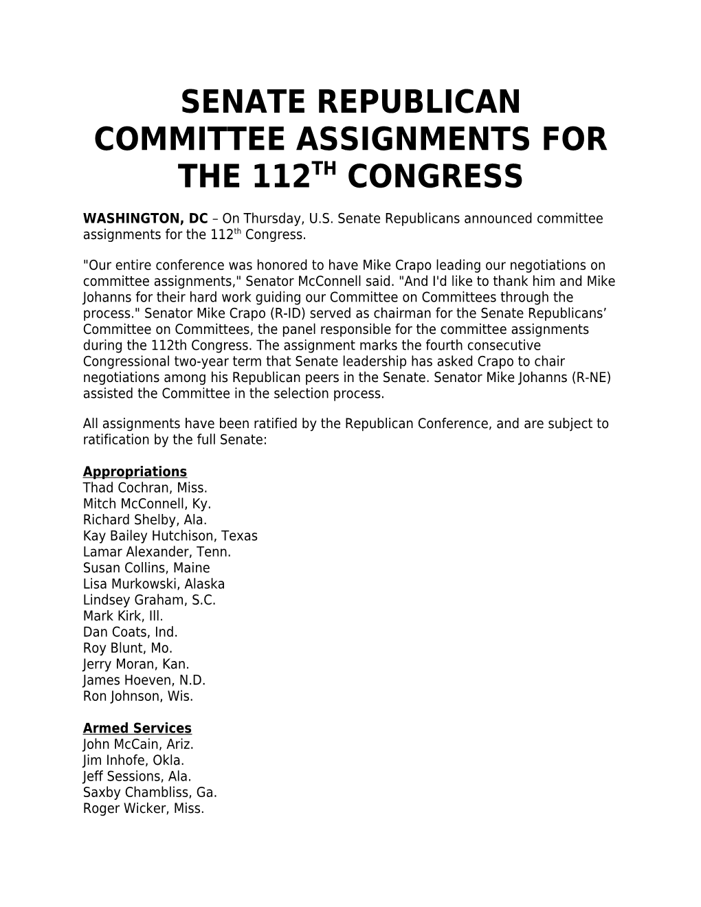 Senate Republican Committee Assignments for the 112Th Congress