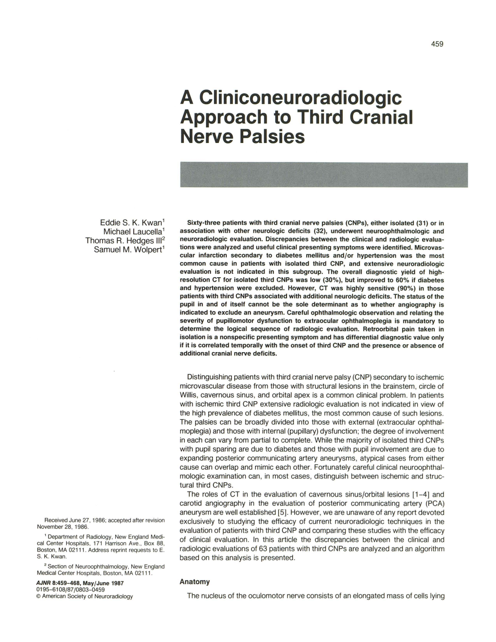 A Cliniconeuroradiologic Approach to Third Cranial Nerve Palsies