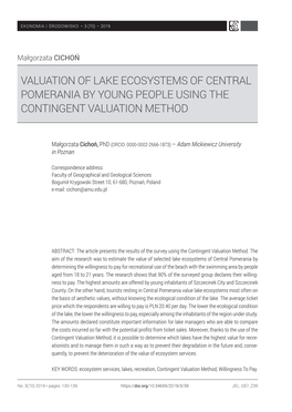 Valuation of Lake Ecosystems of Central Pomerania by Young People Using the Contingent Valuation Method