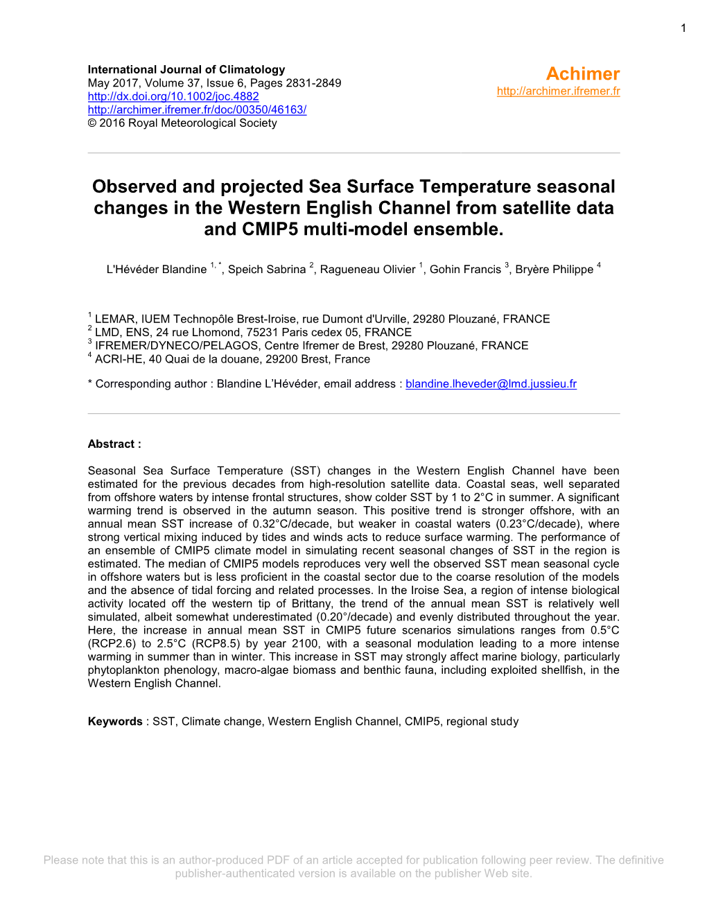 Observed and Projected Sea Surface Temperature Seasonal Changes in the Western English Channel from Satellite Data and CMIP5 Multi-Model Ensemble