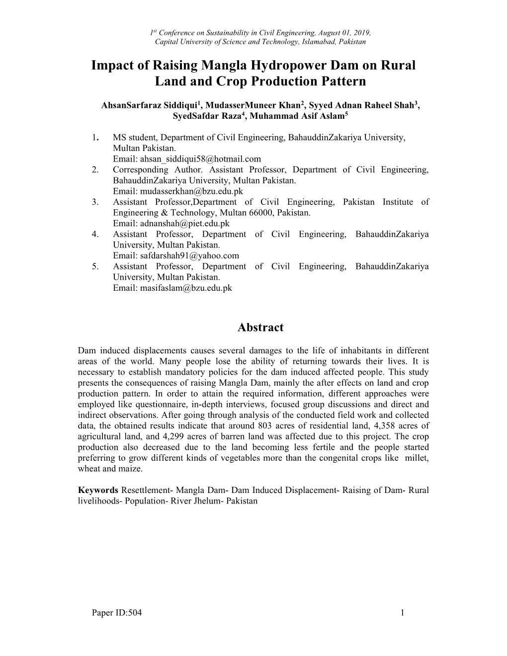 Impact of Raising Mangla Hydropower Dam on Rural Land and Crop Production Pattern