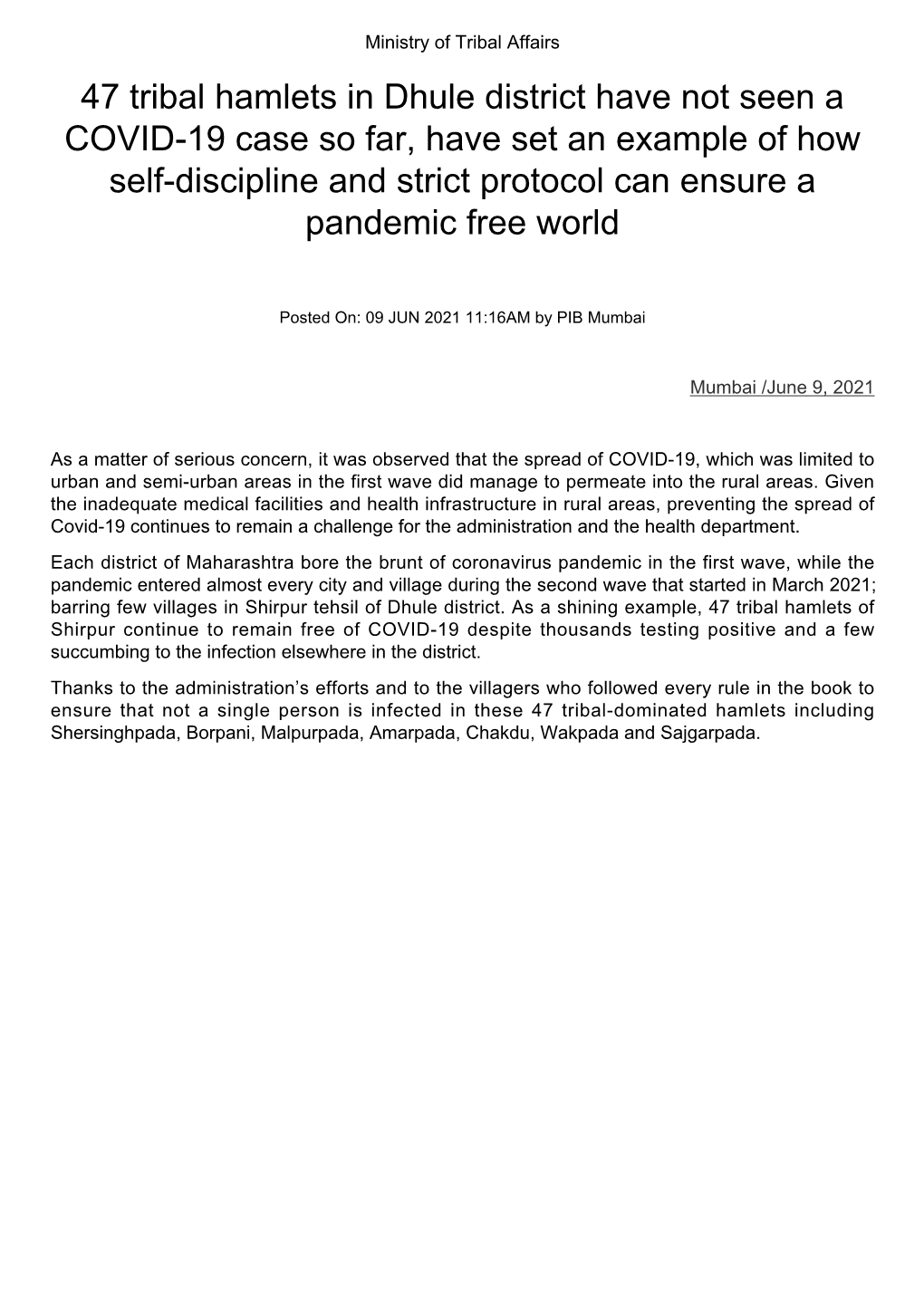 47 Tribal Hamlets in Dhule District Have Not Seen a COVID-19 Case So Far