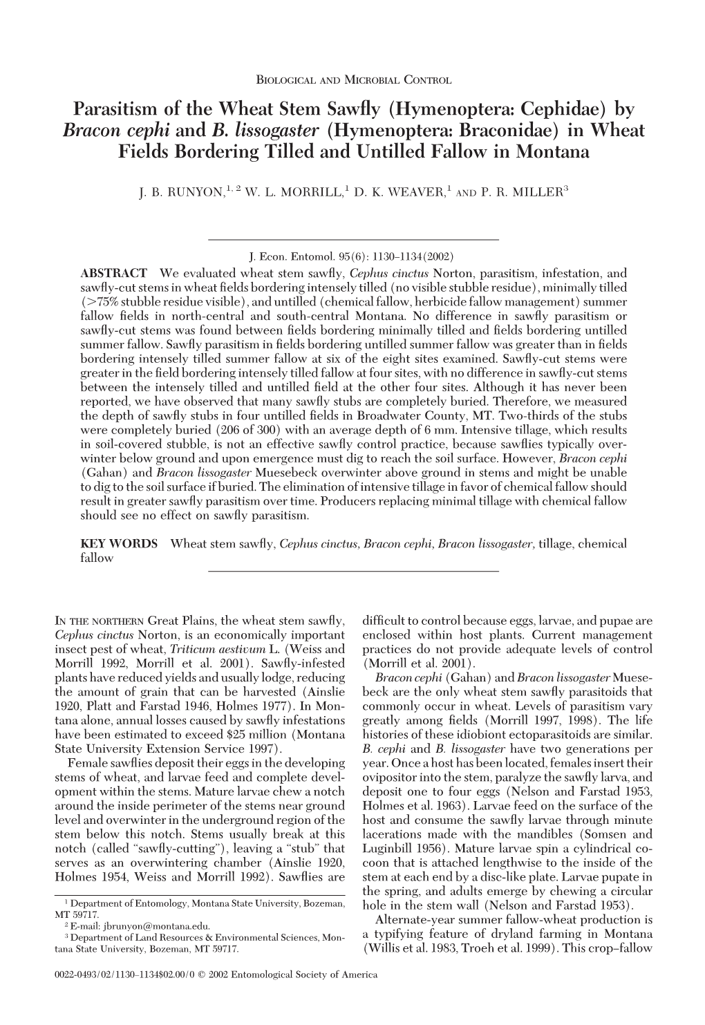 Parasitism of the Wheat Stem Sawfly