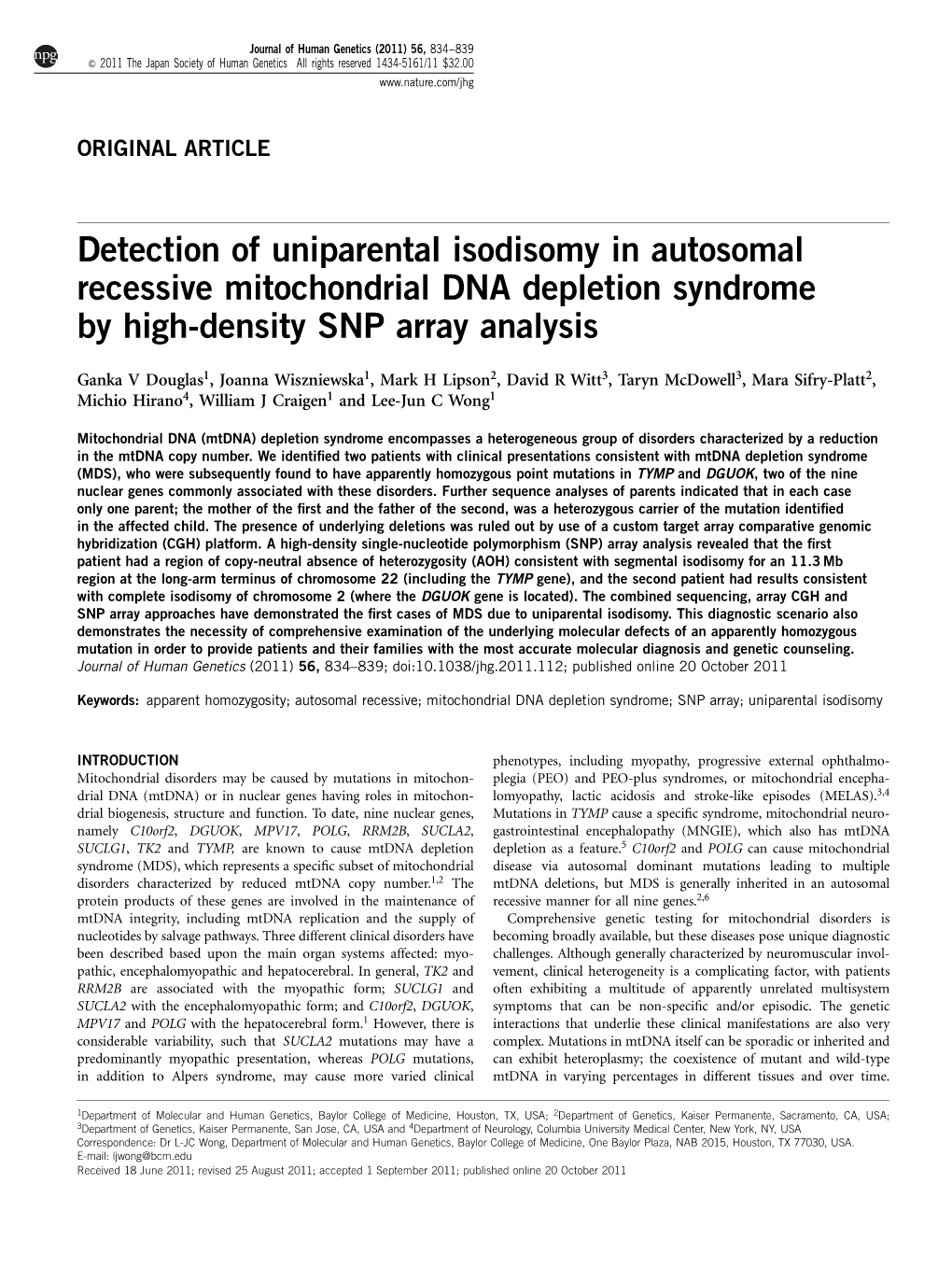 Detection of Uniparental Isodisomy in Autosomal Recessive Mitochondrial DNA Depletion Syndrome by High-Density SNP Array Analysis