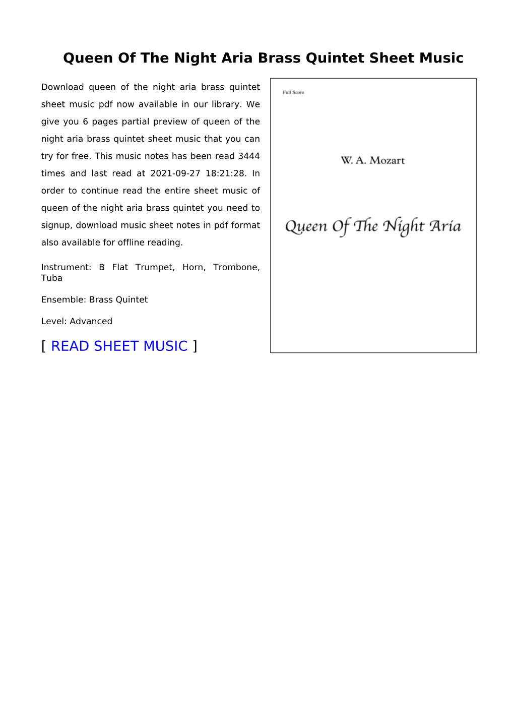 Queen of the Night Aria Brass Quintet Sheet Music