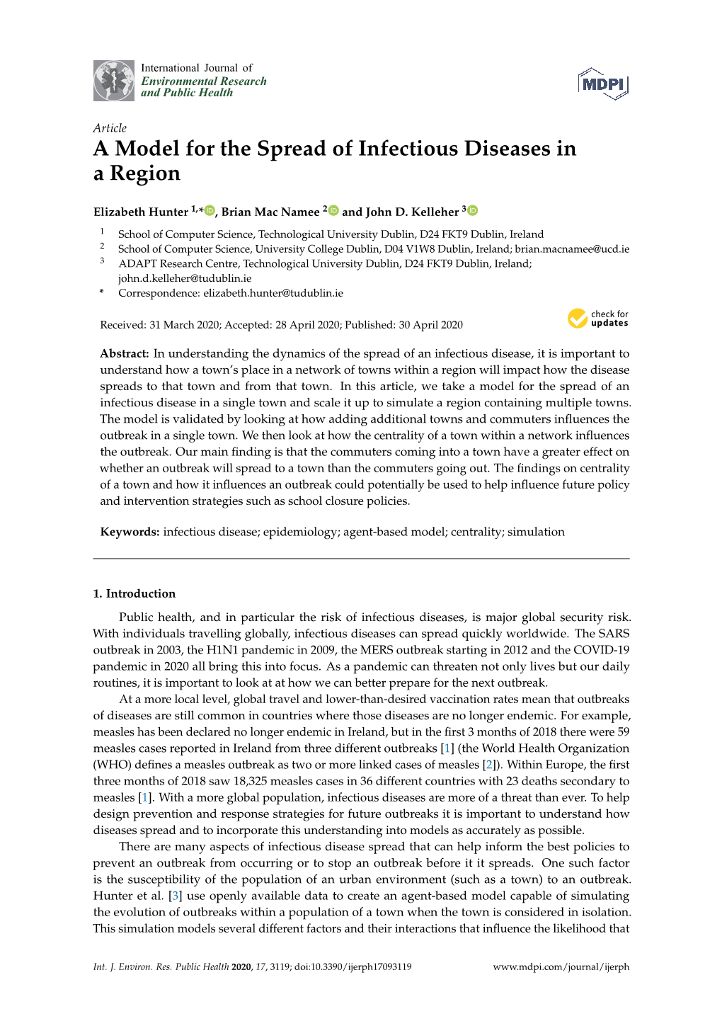 A Model for the Spread of Infectious Diseases in a Region