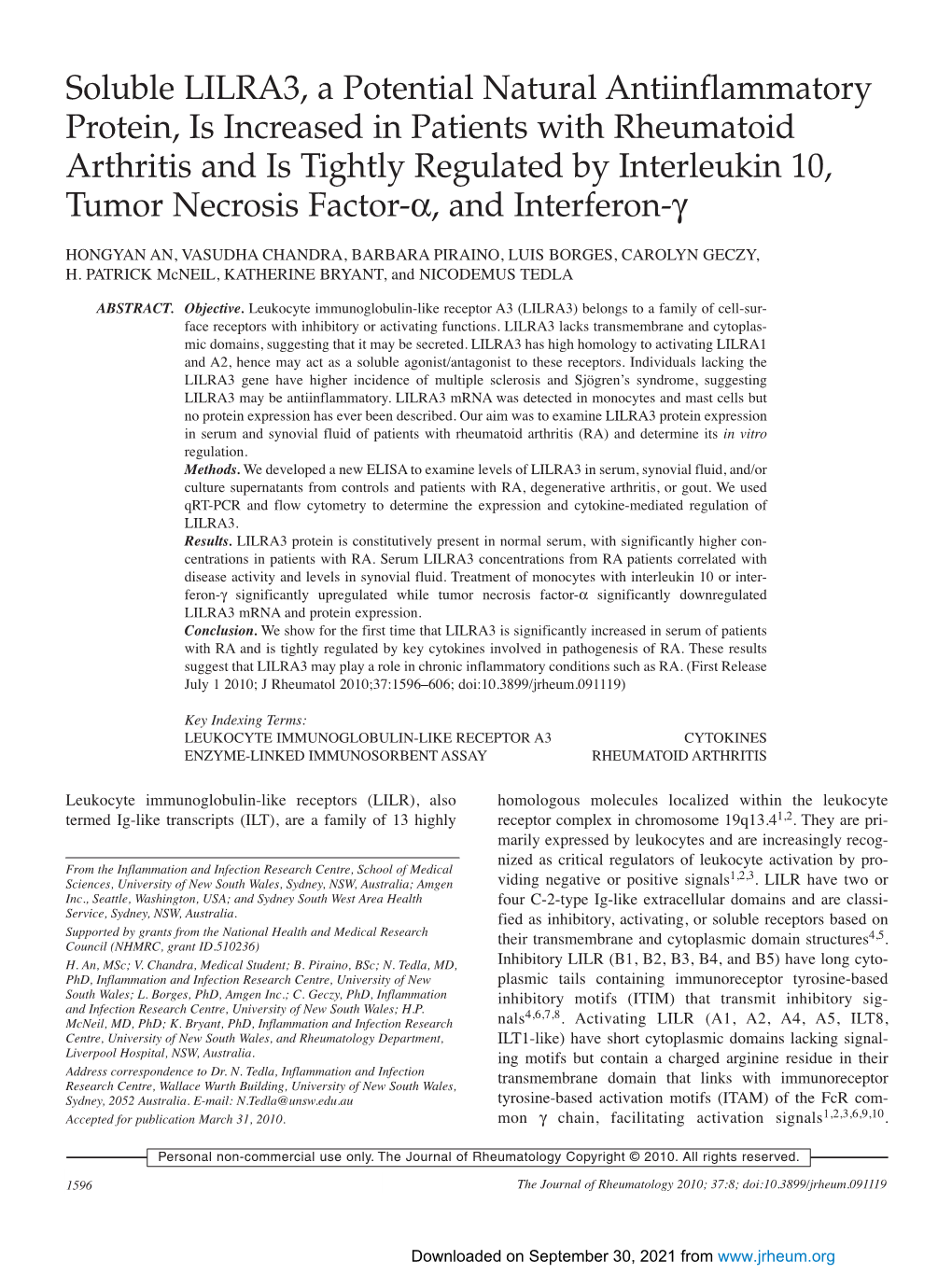 Soluble LILRA3, a Potential Natural Antiinflammatory Protein, Is