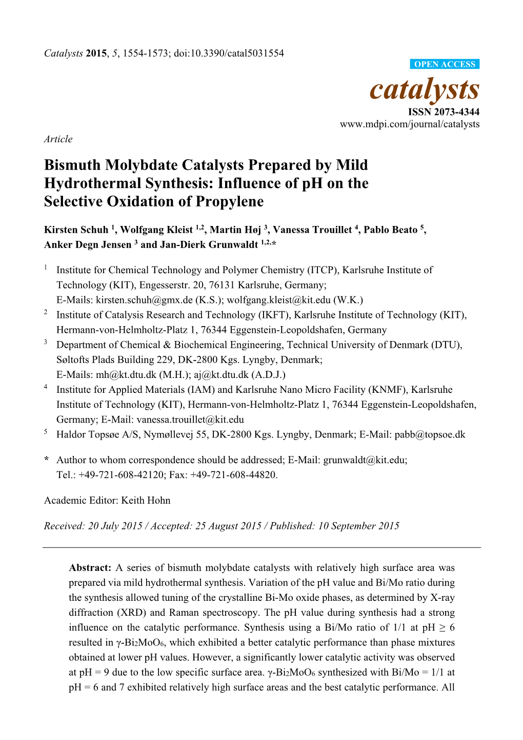 Bismuth Molybdate Catalysts Prepared by Mild Hydrothermal Synthesis: Influence of Ph on the Selective Oxidation of Propylene