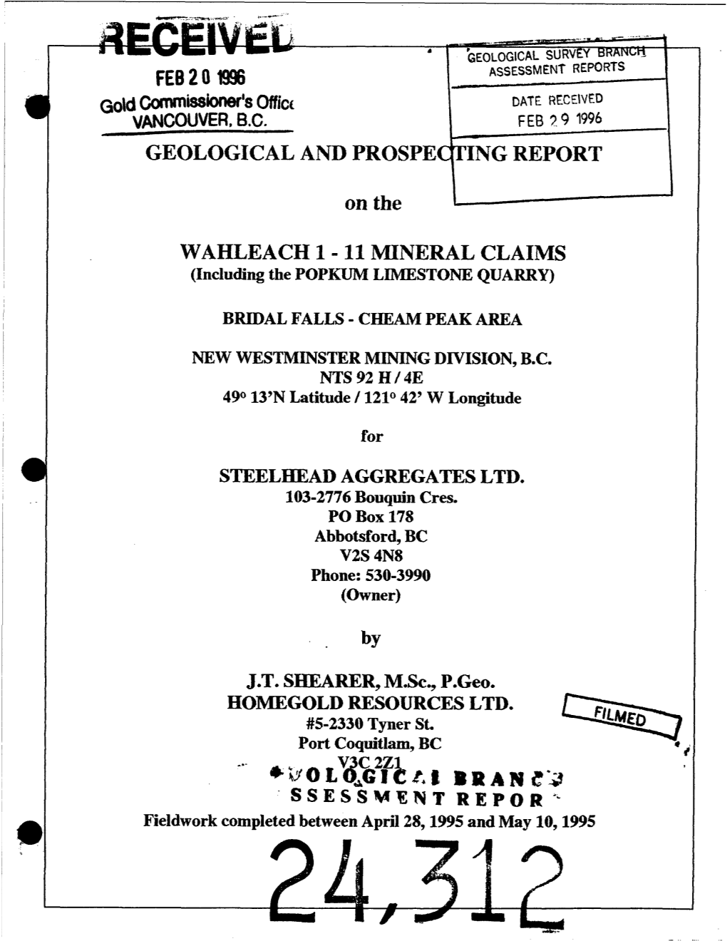 GEOLOGICAL and Prospecfring REPORT on the WAHLEACH 1