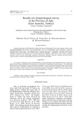 Results of a Herpetological Survey in the Province of Ağrı (East Anatolia, Turkey) (Anura; Testudines; Squamata)