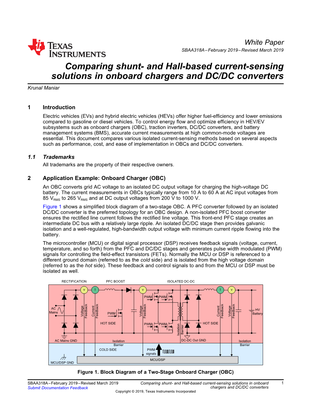 Comparing Shunt- and Hall-Based Current-Sensing Solutions in Onboard Chargers and DC/DC Converters Krunal Maniar