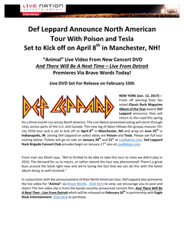 Def Leppard Announce North American Tour with Poison and Tesla Set to Kick Off on April 8Th in Manchester, NH!