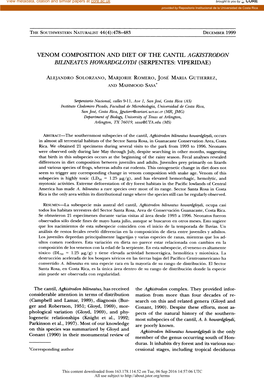 Venom Composition and Diet of the Cantil Agkistrodon Bilineatus Howardgloydi (Serpentes: Viperidae)