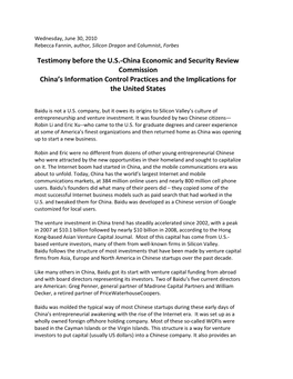 Testimony Before the U.S.‐China Economic and Security Review Commission China’S Information Control Practices and the Implications for the United States