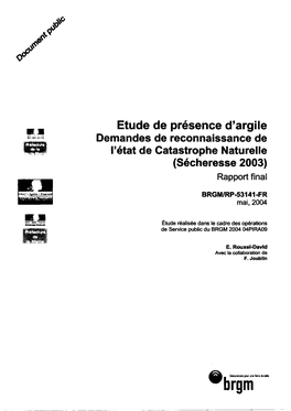 Etude De Présence D'argile Demandes De Reconnaissance De I'élat De Catastrophe Naturelle (Sécheresse 2003) - Rapporl BRGMIRP- 53141-FR