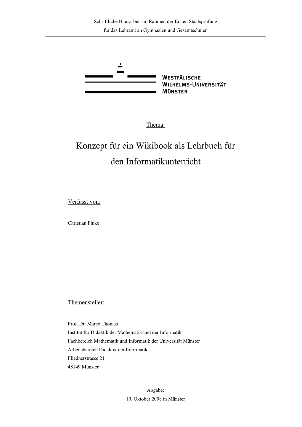 C. Finke: Konzept Für Ein Wikibook Als Lehrbuch Für Den