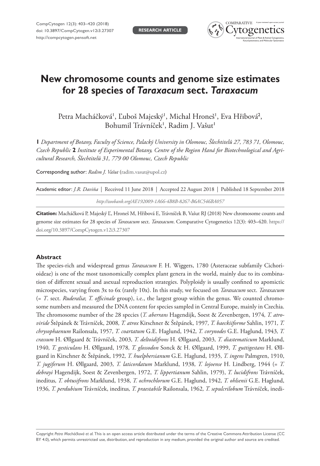 New Chromosome Counts and Genome Size Estimates for 28 Species of Taraxacum Sect