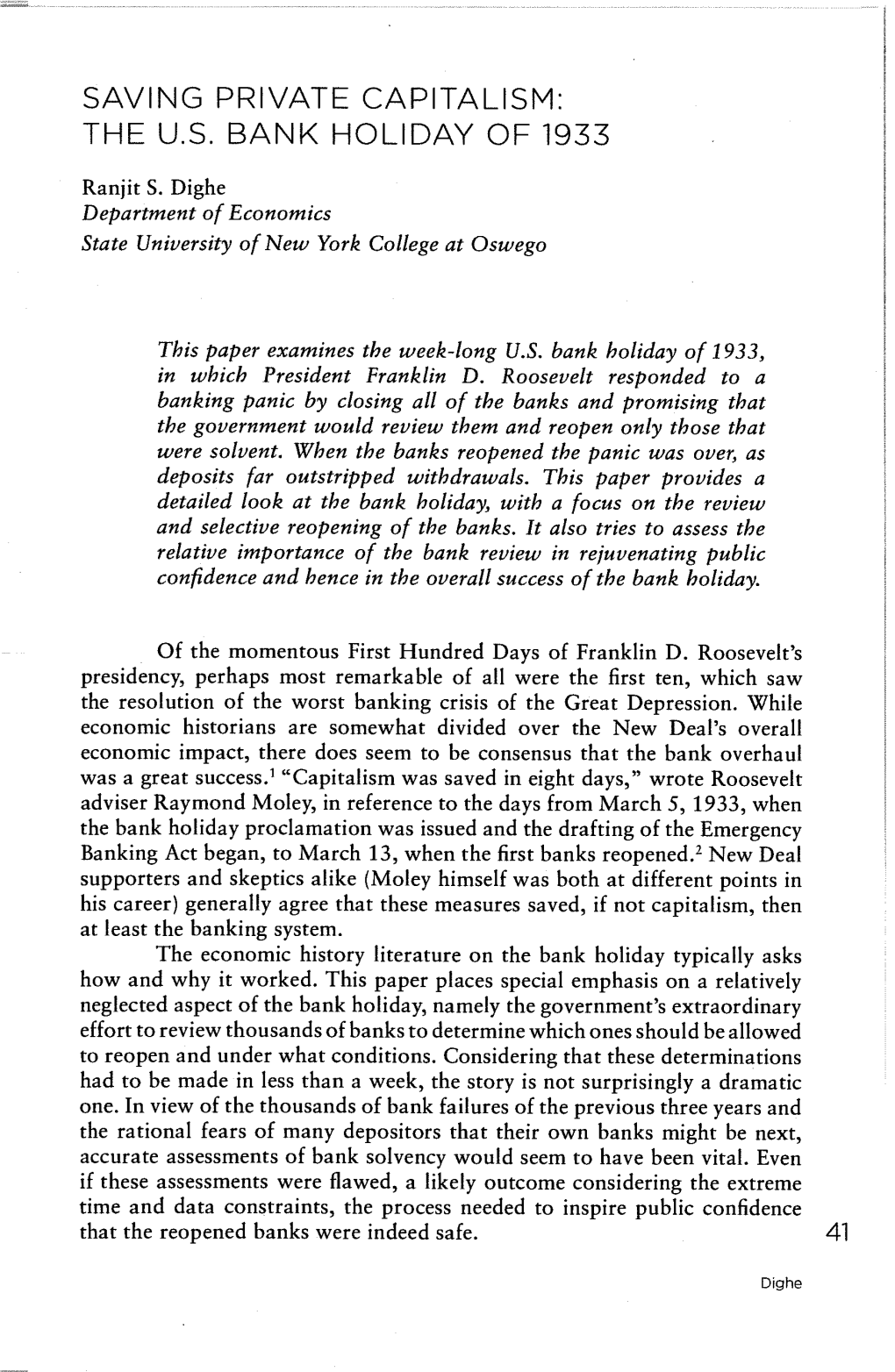 Saving Private Capitalism: the U.S. Bank Holiday of 1933