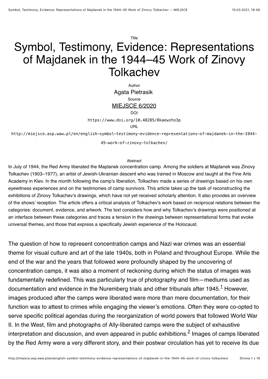 Symbol, Testimony, Evidence: Representations of Majdanek in the 1944–45 Work of Zinovy Tolkachev — MIEJSCE 15.03.2021, 18:48