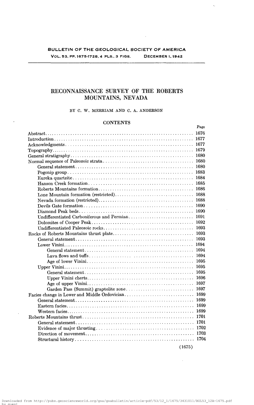 Reconnaissance Survey of the Roberts Mountains, Nevada