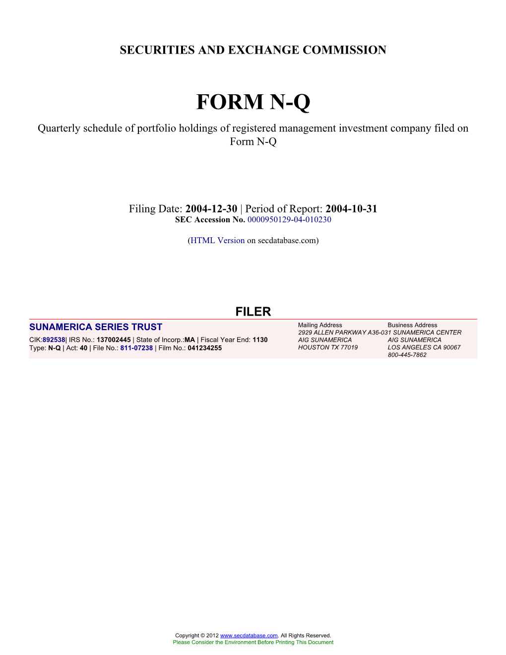 SUNAMERICA SERIES TRUST (Form: N-Q, Filing Date: 12/30/2004)