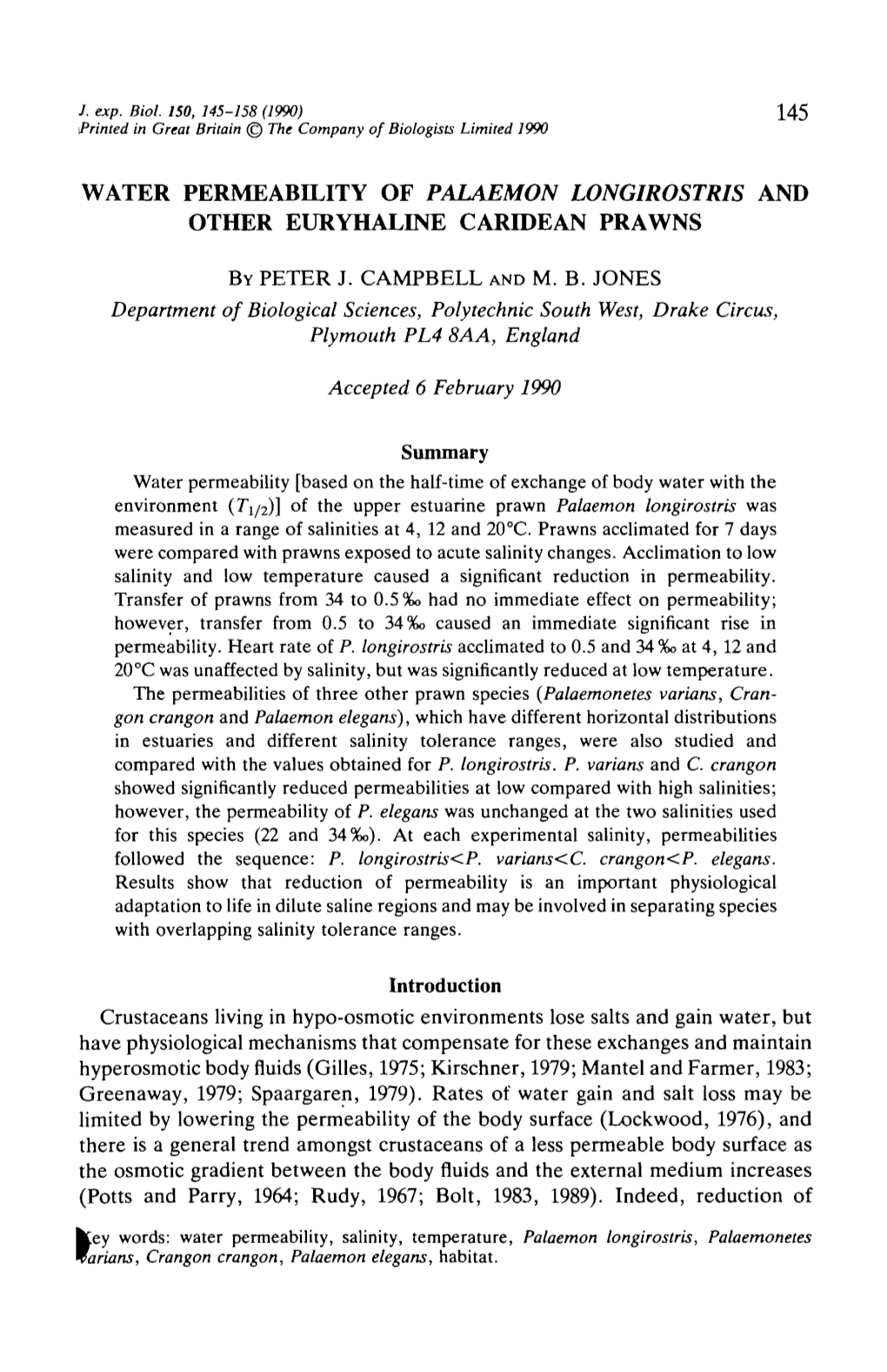 Water Permeability of Palaemon Longirostris and Other Euryhaline Caridean Prawns