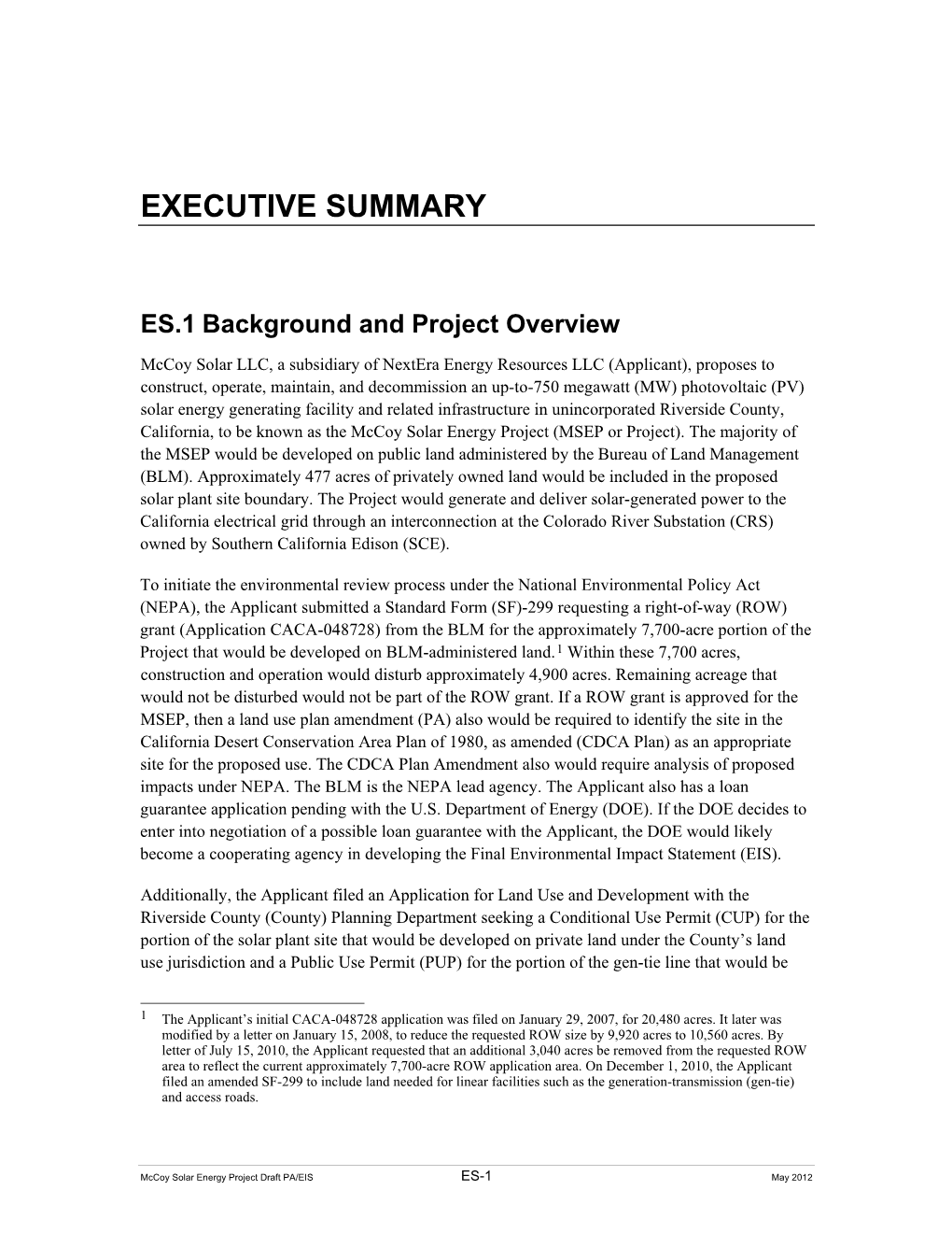 Mccoy Solar Energy Project Draft PA/EIS ES-1 May 2012 Executive Summary