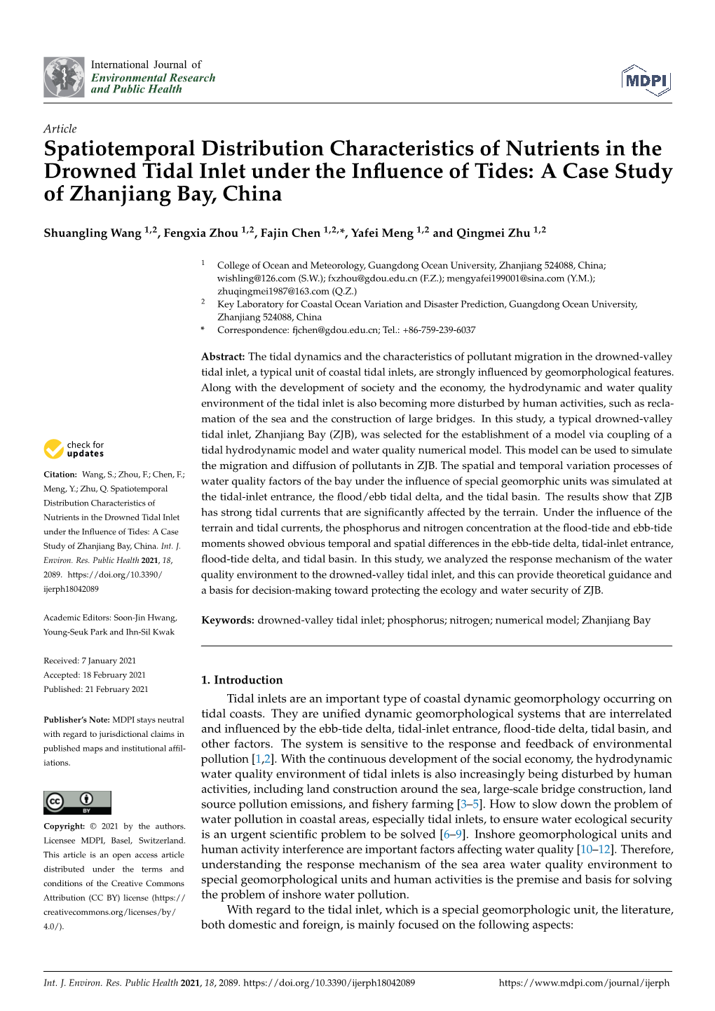 Spatiotemporal Distribution Characteristics of Nutrients in the Drowned Tidal Inlet Under the Influence of Tides