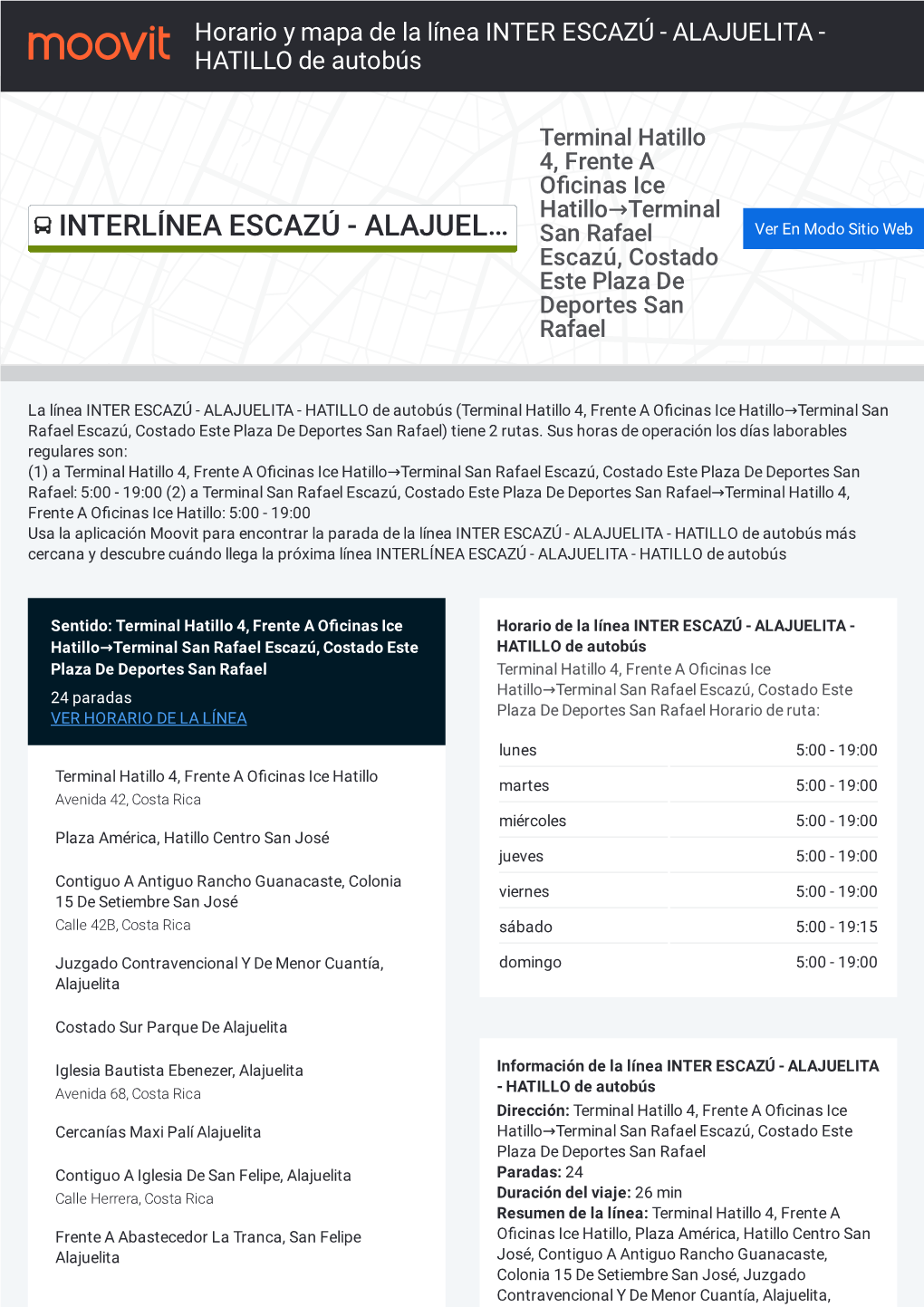 Horario Y Mapa De La Línea INTER ESCAZÚ - ALAJUELITA - HATILLO De Autobús