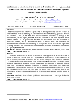 Ecotourism As an Alternative to Traditional Tourism (Saoura Region Model) L'écotourisme Comme Alternative Au Tourisme Traditionnel (La Région De