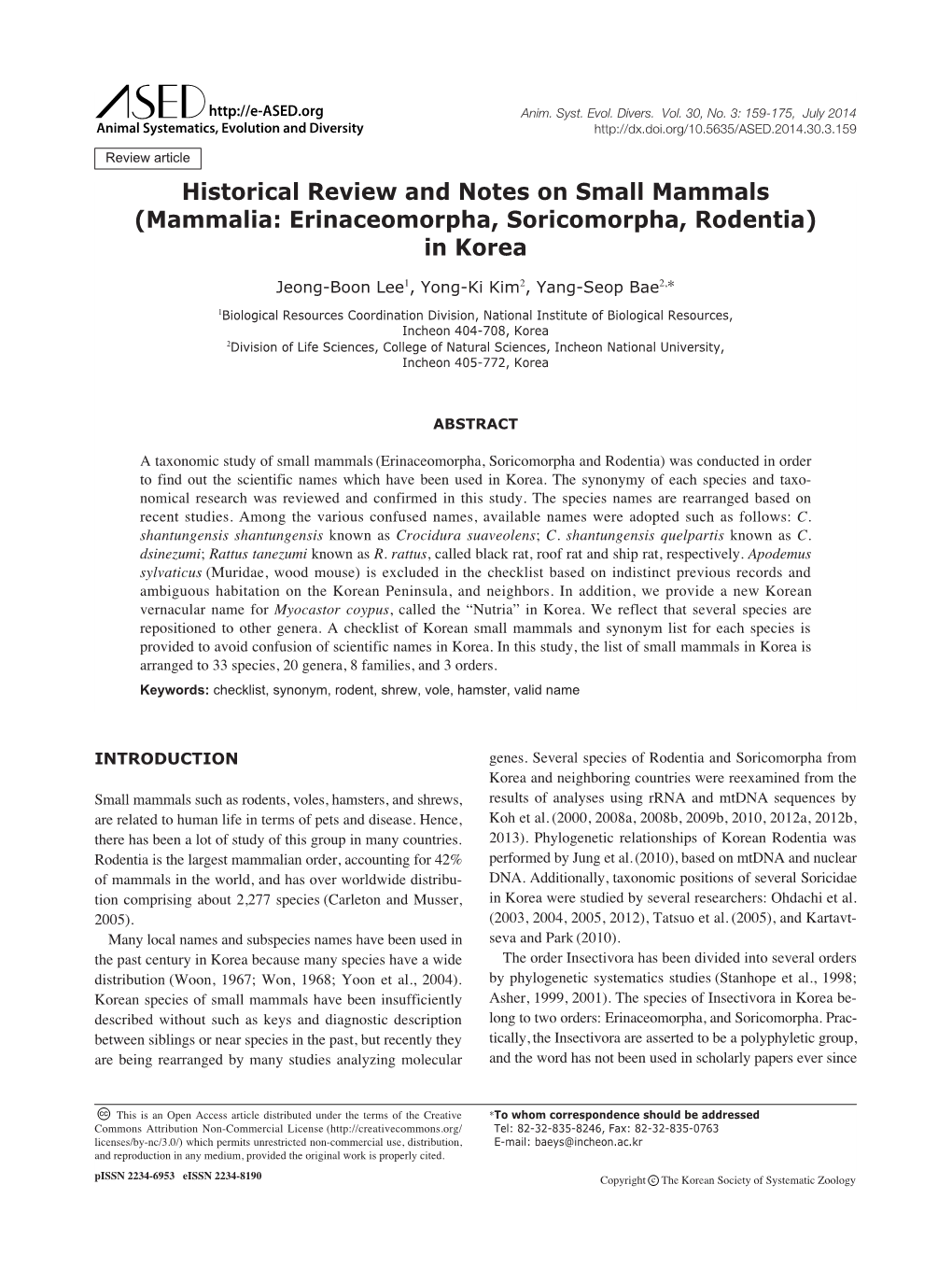 Historical Review and Notes on Small Mammals (Mammalia: Erinaceomorpha, Soricomorpha, Rodentia) in Korea