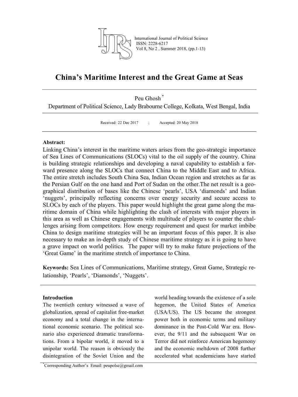China's Maritime Interest and the Great Game at Seas