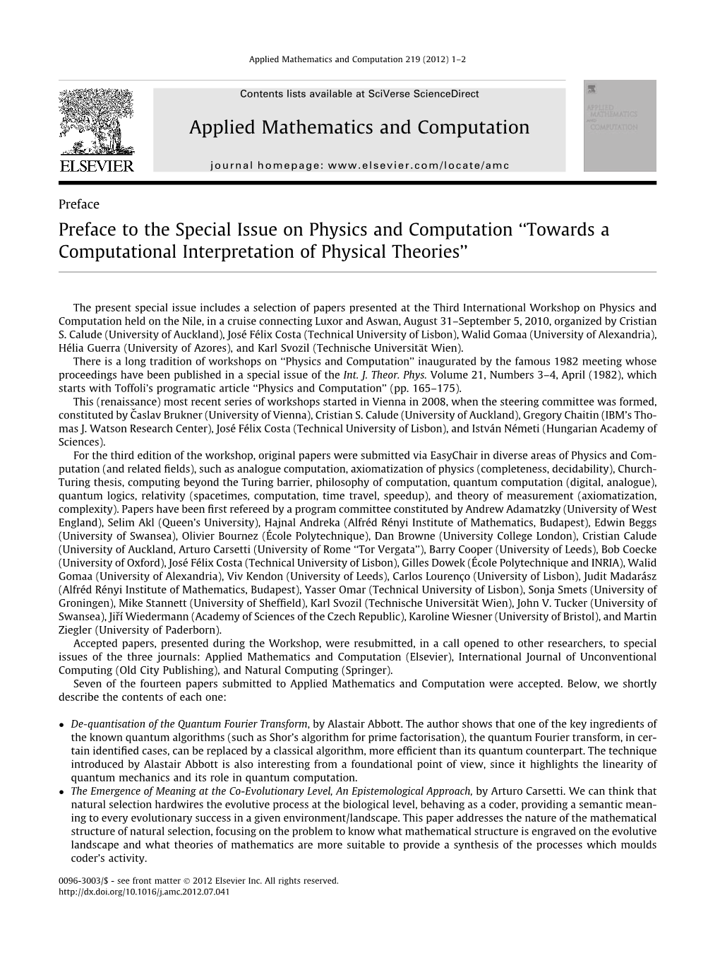 Preface to the Special Issue on Physics and Computation ‘‘Towards a Computational Interpretation of Physical Theories’’