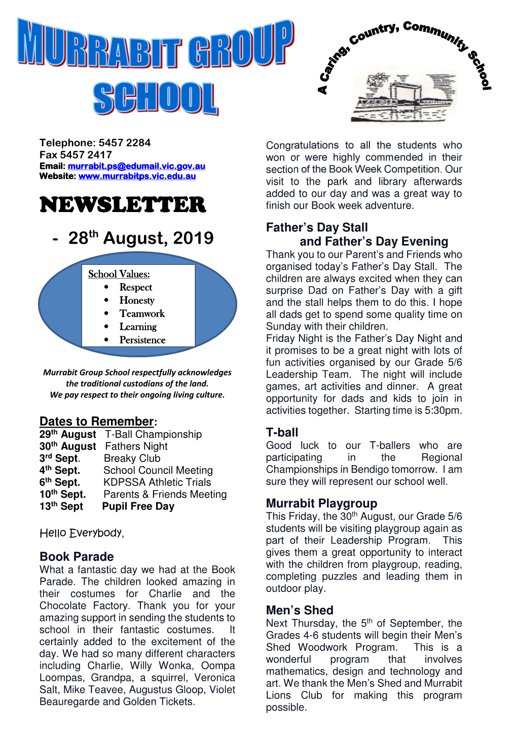 Newsletter for 28Th August 2019