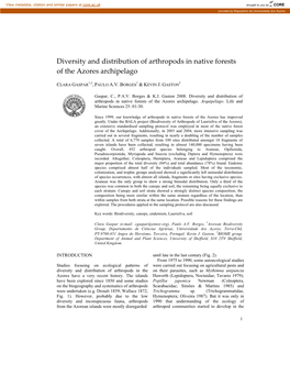 Diversity and Distribution of Arthropods in Native Forests of the Azores Archipelago