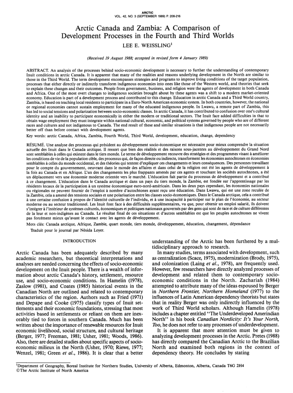 Arctic Canada and Zambia: a Comparison of Development Processes in the Fourth and Third Worlds LEE E