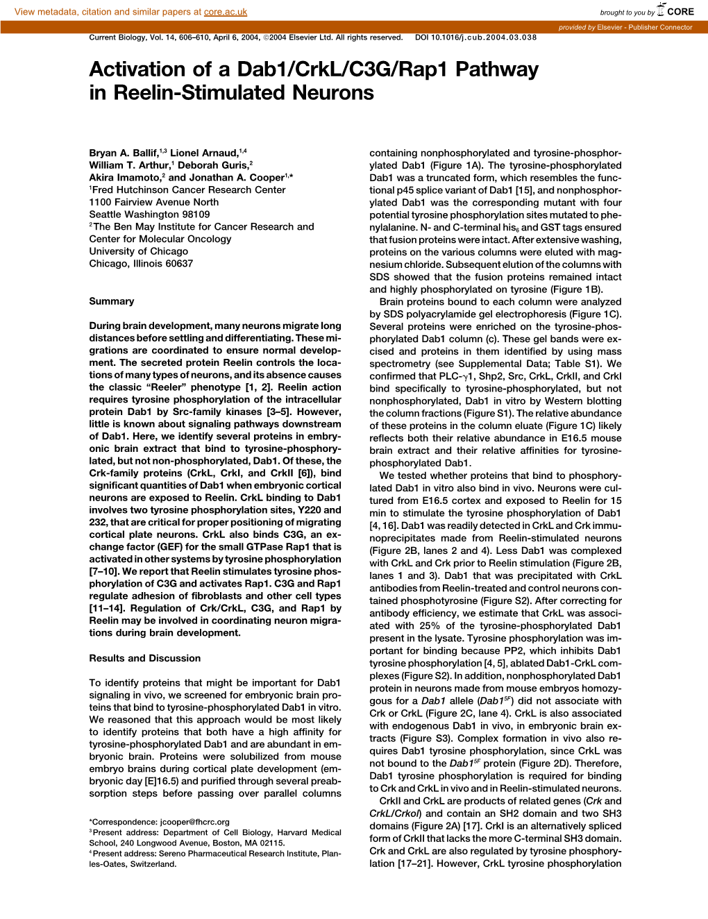 Activation of a Dab1/Crkl/C3G/Rap1 Pathway in Reelin-Stimulated Neurons