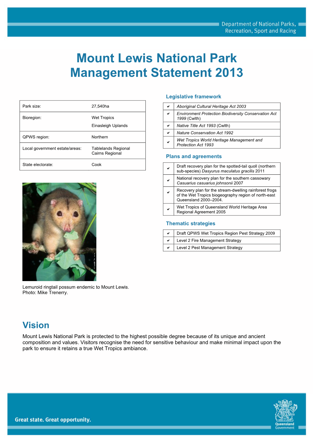Mount Lewis National Park Management Statement 2013