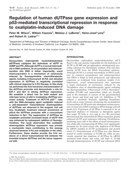 Regulation of Human Dutpase Gene Expression and P53-Mediated Transcriptional Repression in Response to Oxaliplatin-Induced DNA Damage Peter M