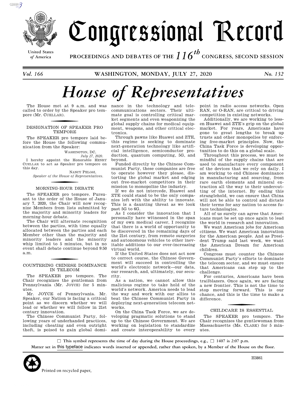 Congressional Record United States Th of America PROCEEDINGS and DEBATES of the 116 CONGRESS, SECOND SESSION