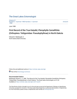 First Record of the True Katydid, Pterophylla Camellifolia (Orthoptera: Tettigoniidae: Pseudophyllinae) in North Dakota