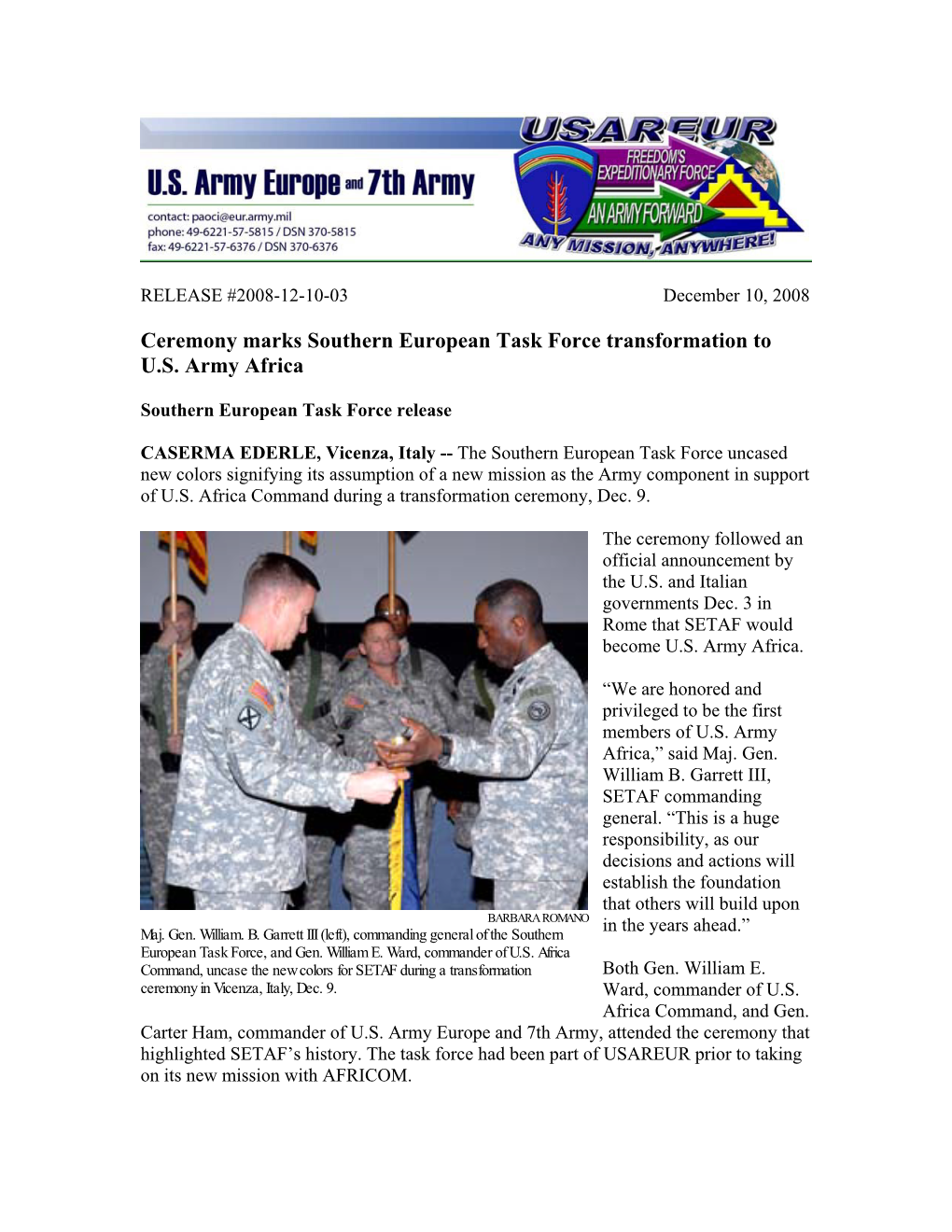 Ceremony Marks Southern European Task Force Transformation to U.S. Army Africa